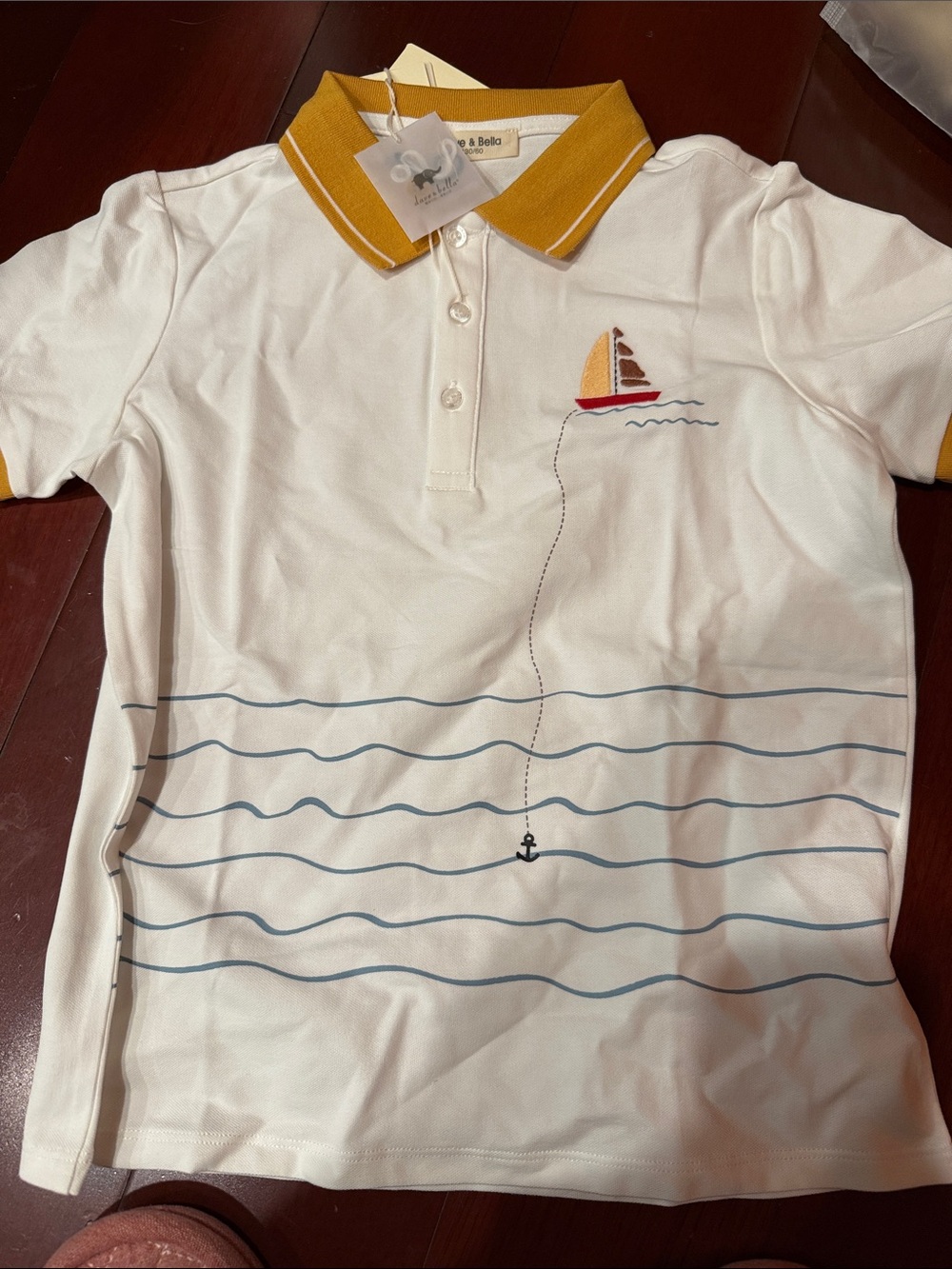 Dave & Bella Polo with Mustard Collar and Nautical Sailboat Embroidery